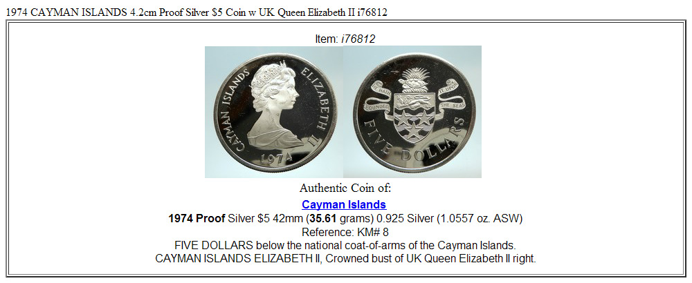 1974 CAYMAN ISLANDS 4.2cm Proof Silver $5 Coin w UK Queen Elizabeth II i76812