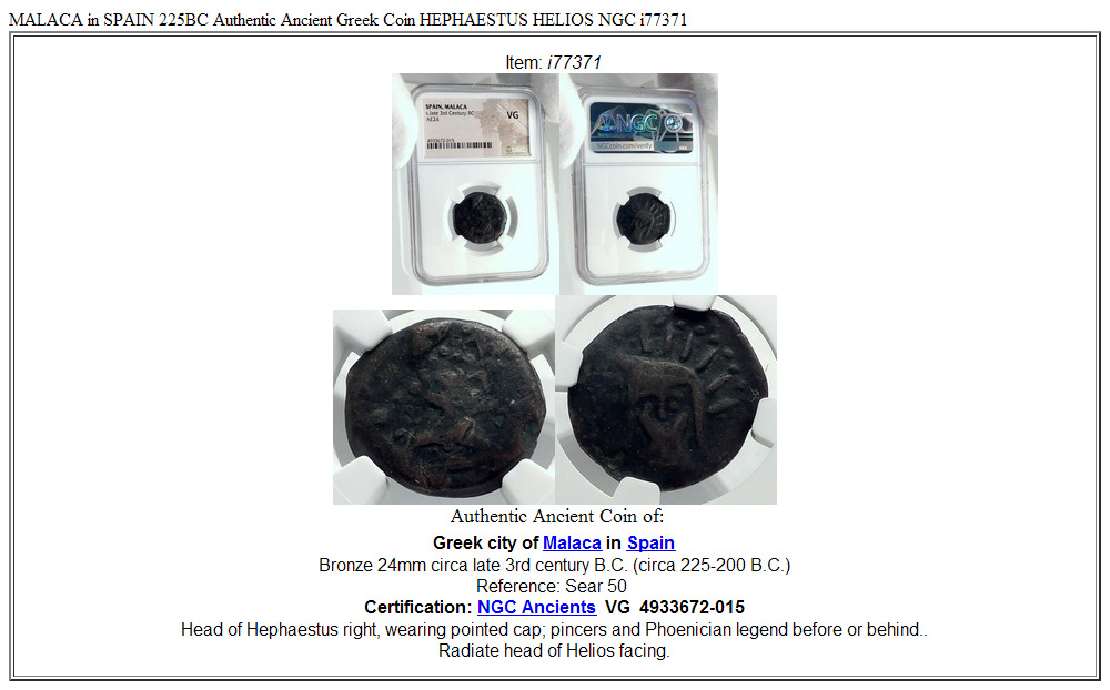 MALACA in SPAIN 225BC Authentic Ancient Greek Coin HEPHAESTUS HELIOS NGC i77371