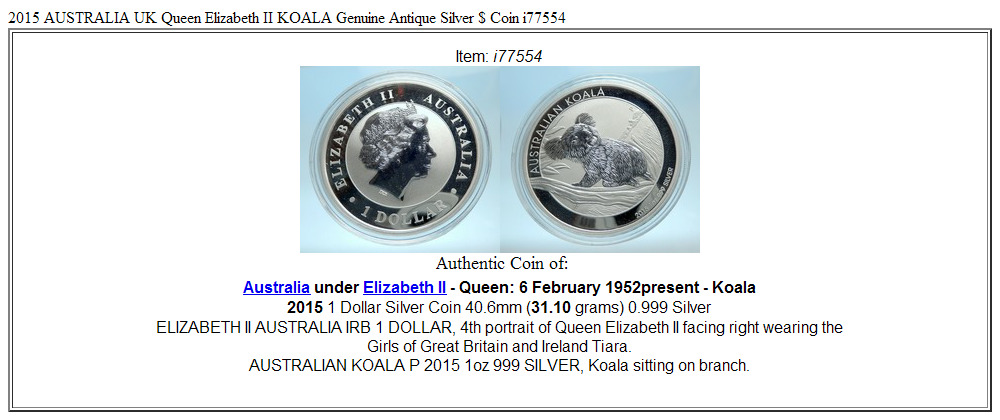 2015 AUSTRALIA UK Queen Elizabeth II KOALA Genuine Antique Silver $ Coin i77554