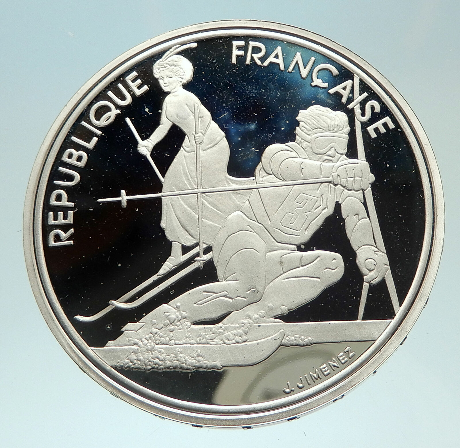 1990 FRANCE Slalom Skiing 1992 Olympics Proof Silver 100 Francs Coin i76891