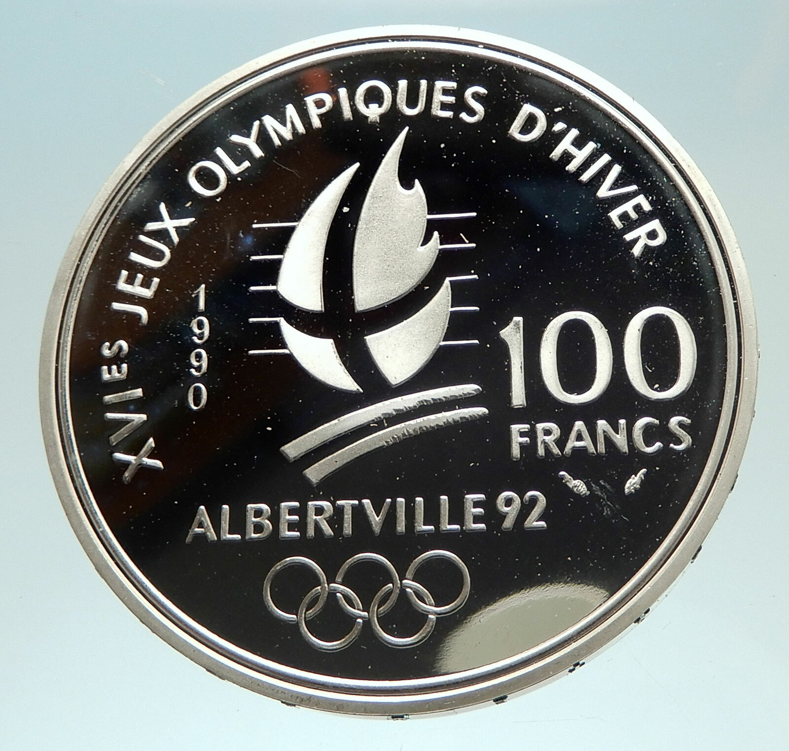 1990 FRANCE Slalom Skiing 1992 Olympics Proof Silver 100 Francs Coin i76891