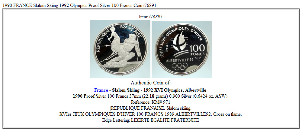 1990 FRANCE Slalom Skiing 1992 Olympics Proof Silver 100 Francs Coin i76891