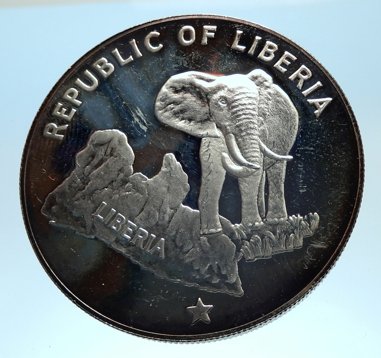 1973 LIBERIA State Map with Elephant Antique Genuine Proof Silver $5 Coin i77452