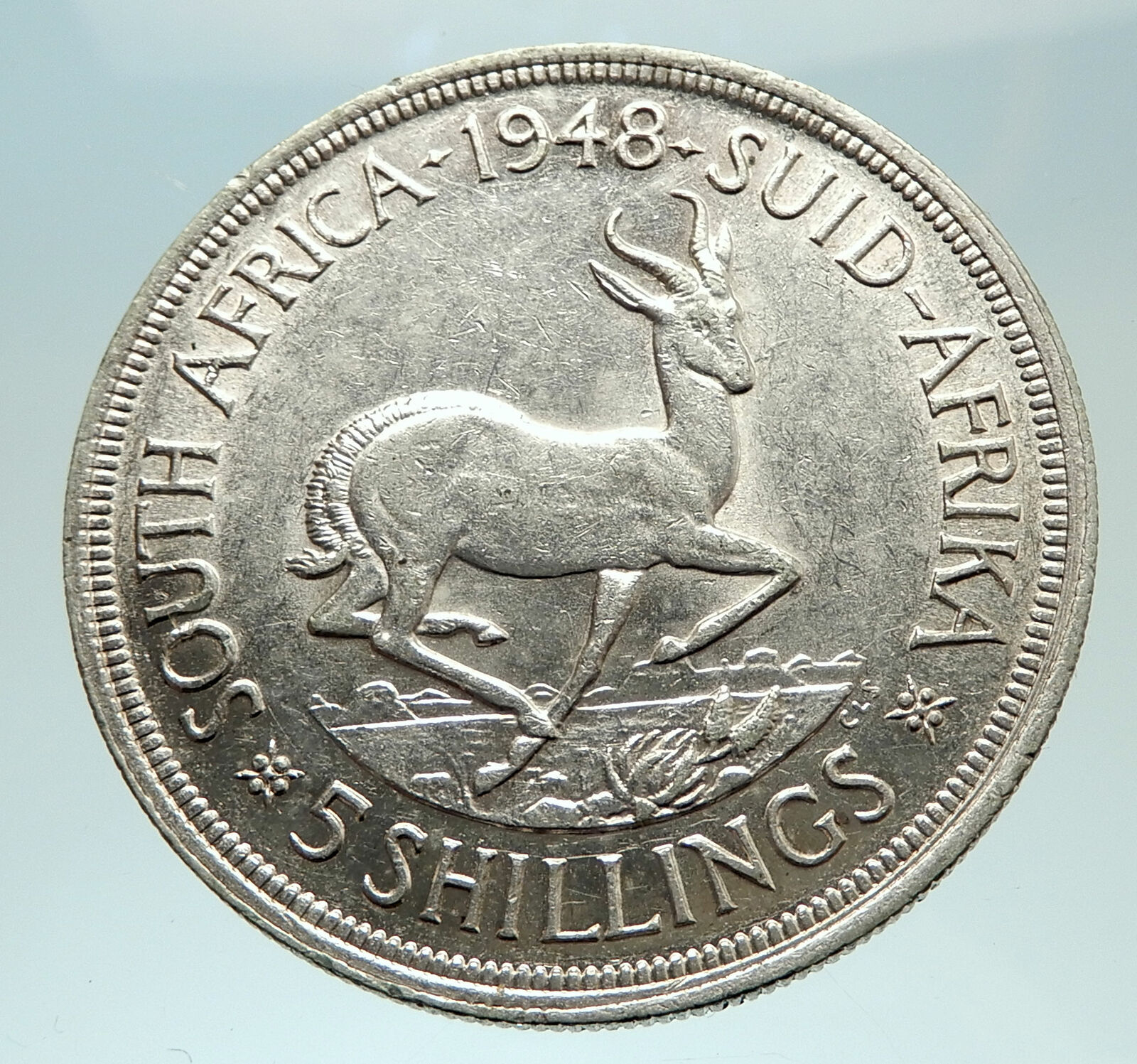 1948 SOUTH AFRICA George VI SPRINGBOK Deer Silver 5 Shillings LARGE Coin i76896