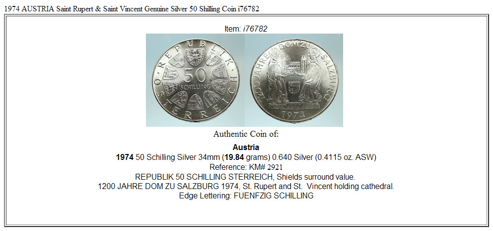 1974 AUSTRIA Saint Rupert & Saint Vincent Genuine Silver 50 Shilling Coin i76782