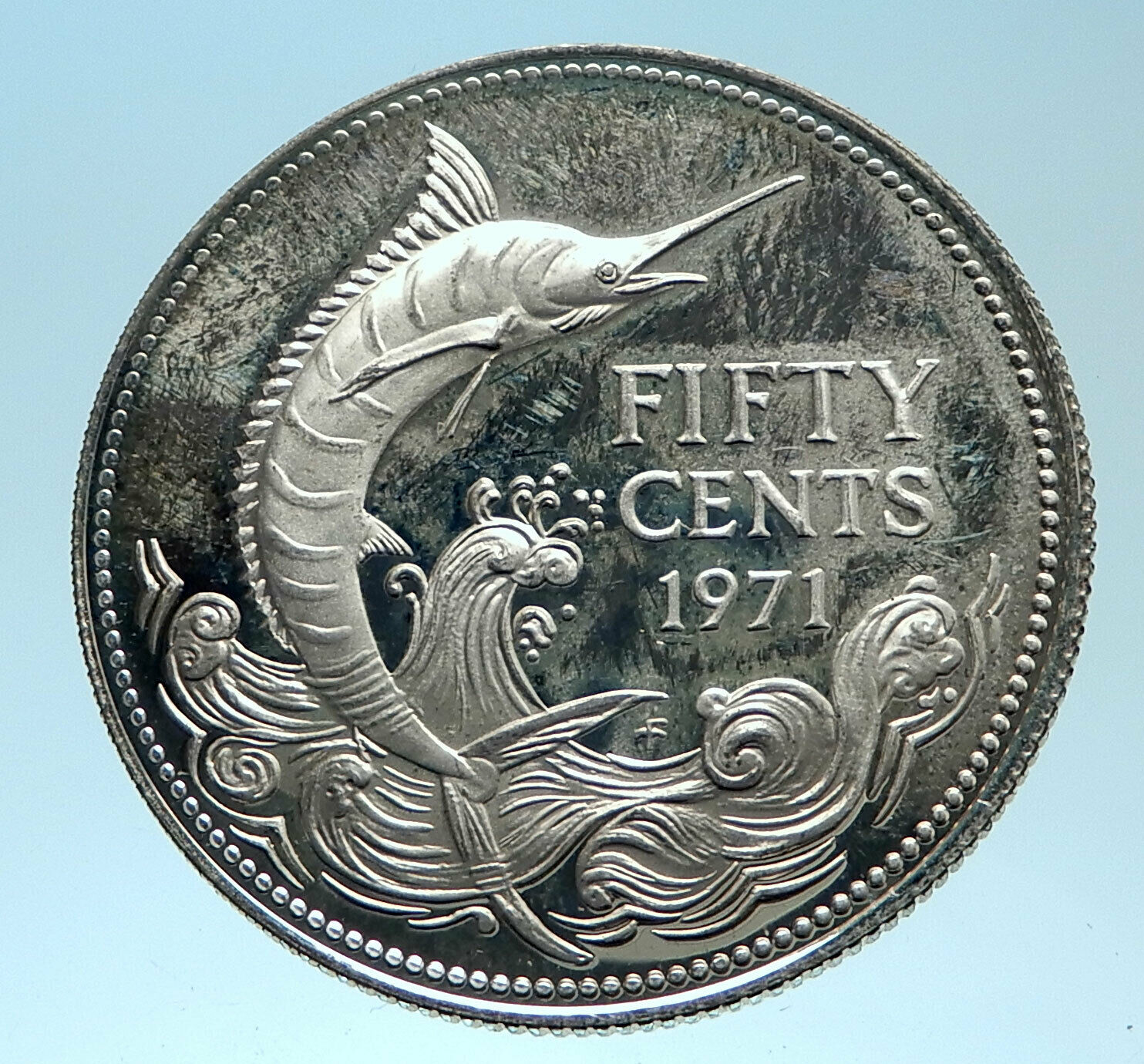 1966 BAHAMAS Silver Coin 50 Cents UK Queen Elizabeth II and Marlin FISH i77455