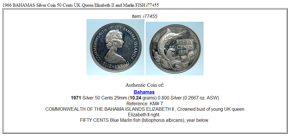 1966 BAHAMAS Silver Coin 50 Cents UK Queen Elizabeth II and Marlin FISH i77455