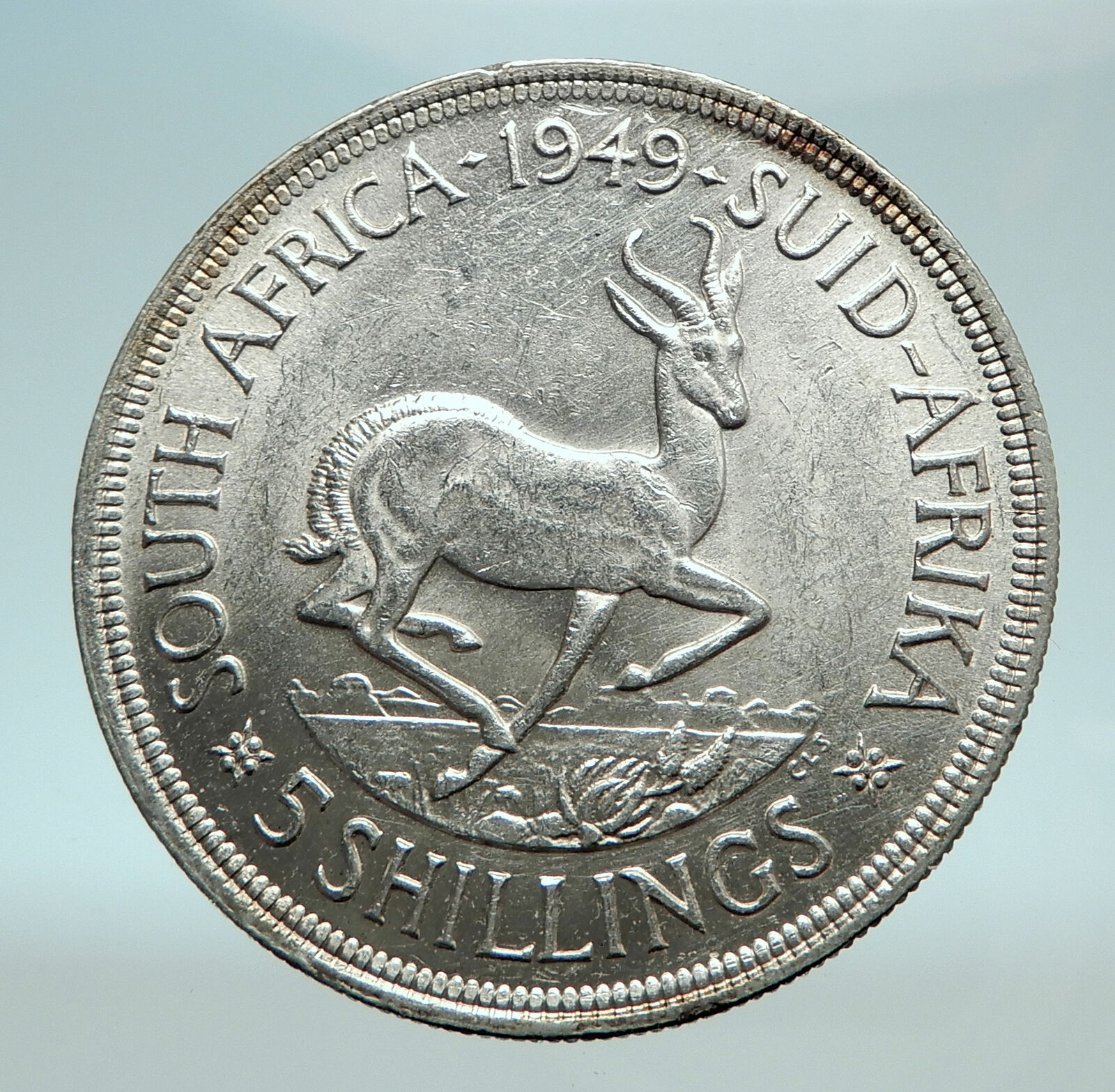 1949 SOUTH AFRICA George VI SPRINGBOK Deer Silver 5 Shillings LARGE Coin i79390