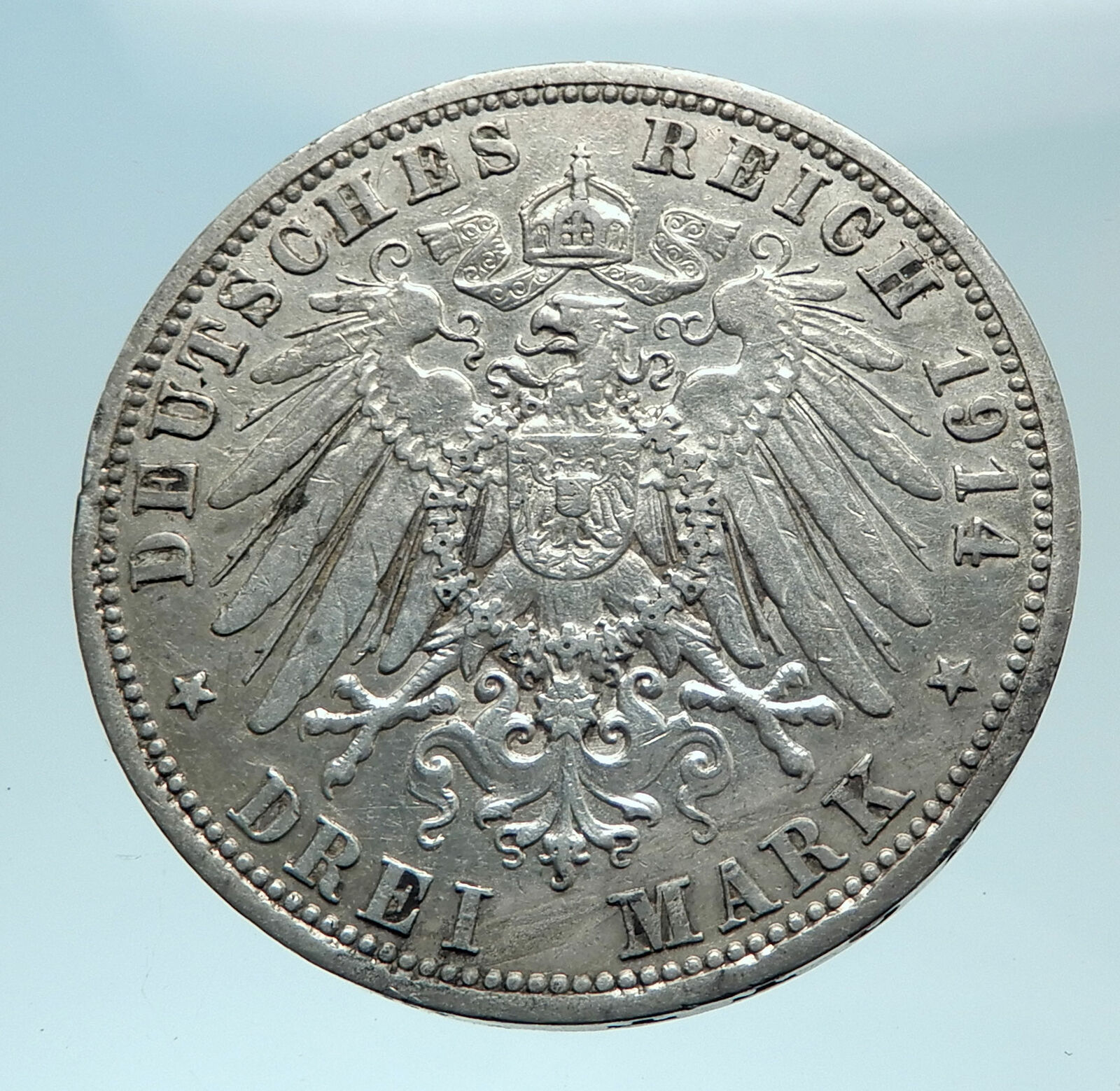 1914 GERMANY GERMAN STATES PRUSSIA WILHELM II Genuine Silver 3 Mark Coin i78595