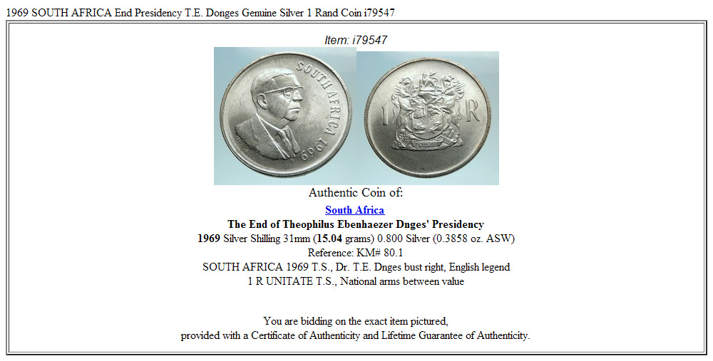 1969 SOUTH AFRICA End Presidency T.E. Donges Genuine Silver 1 Rand Coin i79547