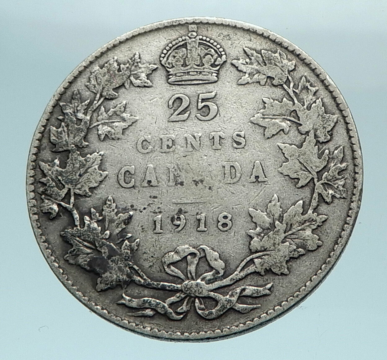 1918 CANADA UK King George V Genuine Antique Old SILVER 25 CENTS Coin i78458