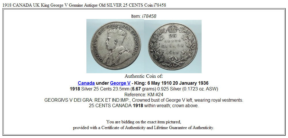 1918 CANADA UK King George V Genuine Antique Old SILVER 25 CENTS Coin i78458