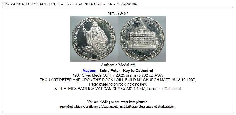 1967 VATICAN CITY SAINT PETER w/ Key to BASCILIA Christian Silver Medal i90784