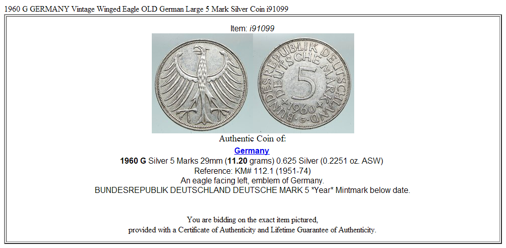 1960 G GERMANY Vintage Winged Eagle OLD German Large 5 Mark Silver Coin i91099