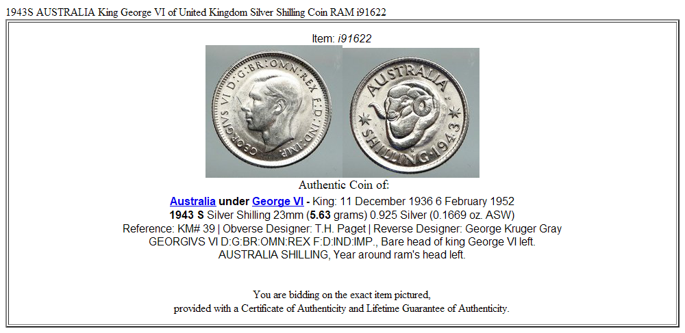 1943S AUSTRALIA King George VI of United Kingdom Silver Shilling Coin RAM i91622