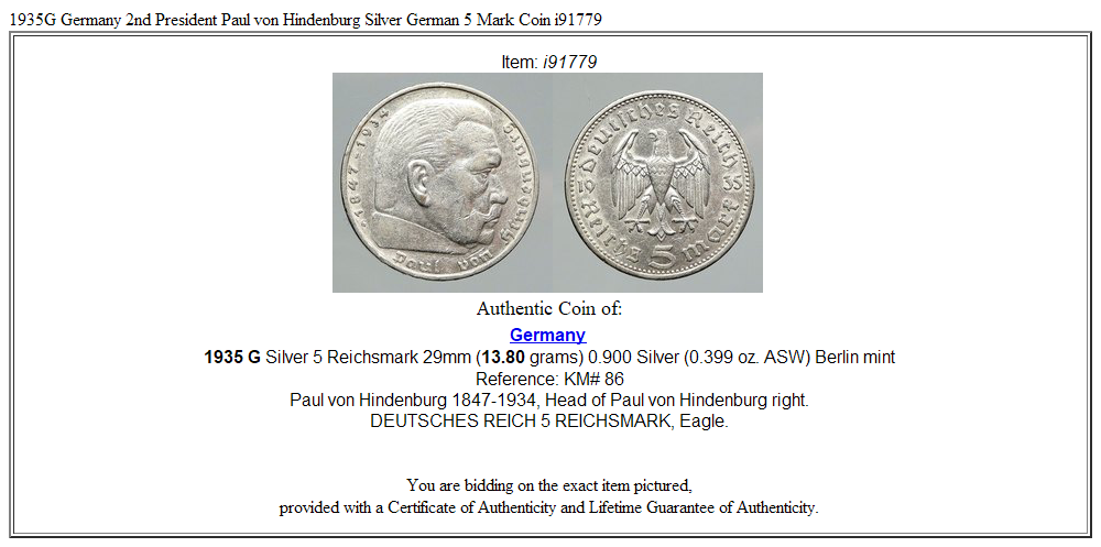 1935G Germany 2nd President Paul von Hindenburg Silver German 5 Mark Coin i91779