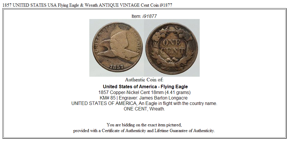 1857 UNITED STATES USA Flying Eagle & Wreath ANTIQUE VINTAGE Cent Coin i91877