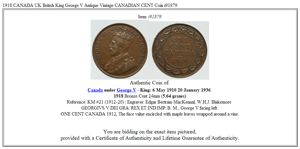 1918 CANADA UK British King George V Antique Vintage CANADIAN CENT Coin i91879
