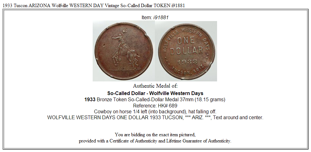 1933 Tuscon ARIZONA Wolfville WESTERN DAY Vintage So-Called Dollar TOKEN i91881