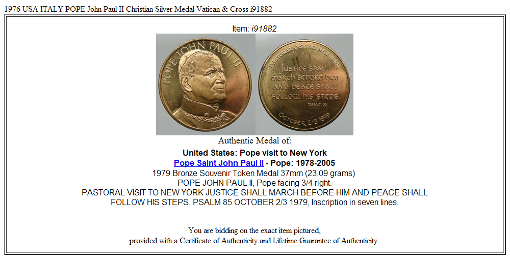 1976 USA ITALY POPE John Paul II Christian Silver Medal Vatican & Cross i91882