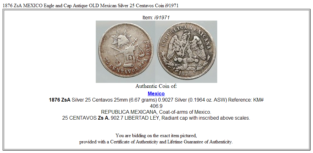 1876 ZsA MEXICO Eagle and Cap Antique OLD Mexican Silver 25 Centavos Coin i91971