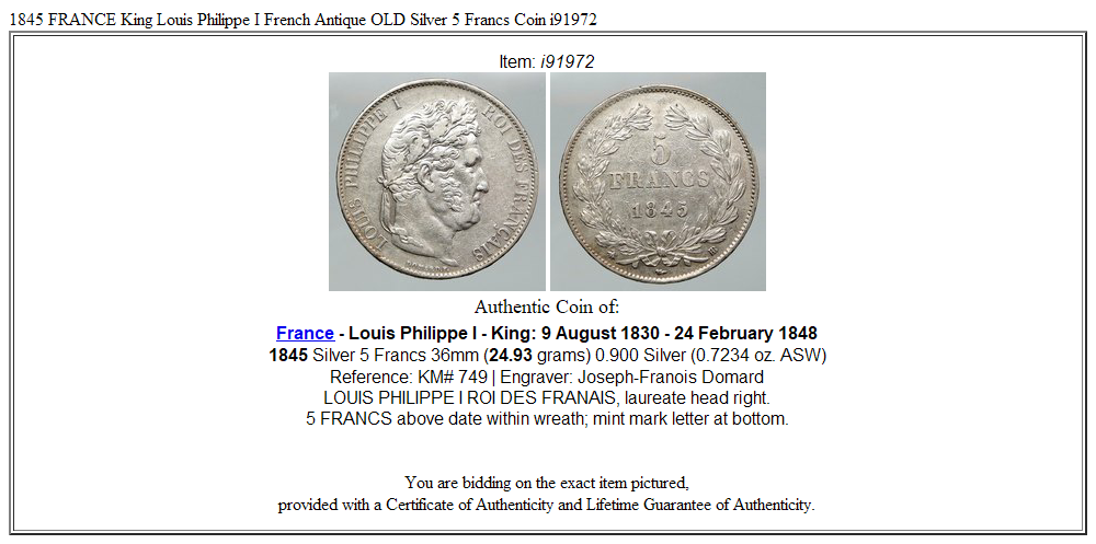 1845 FRANCE King Louis Philippe I French Antique OLD Silver 5 Francs Coin i91972