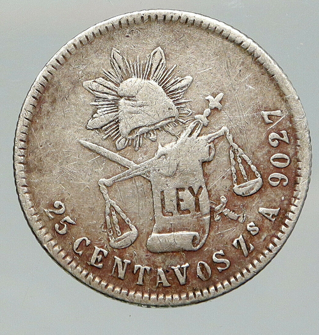 1876 ZsA MEXICO Eagle and Cap Antique OLD Mexican Silver 25 Centavos Coin i91971