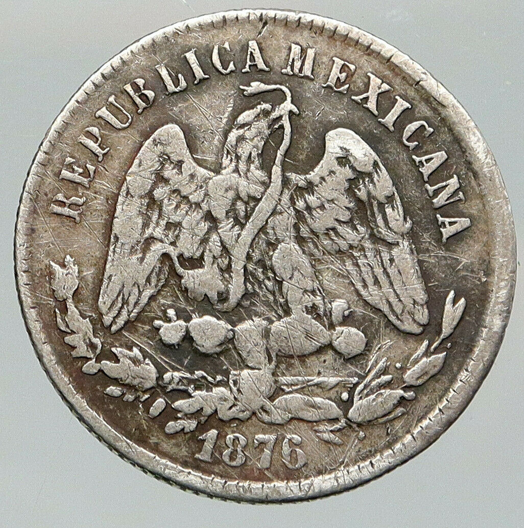 1876 ZsA MEXICO Eagle and Cap Antique OLD Mexican Silver 25 Centavos Coin i91971