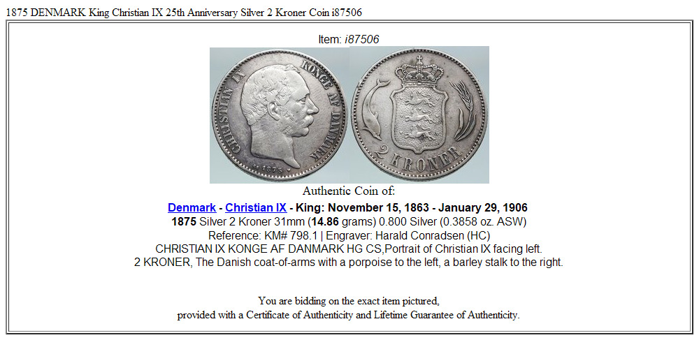 1875 DENMARK King Christian IX 25th Anniversary Silver 2 Kroner Coin i87506