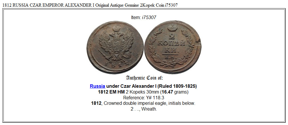 1812 RUSSIA CZAR EMPEROR ALEXANDER I Original Antique Genuine 2Kopek Coin i75307