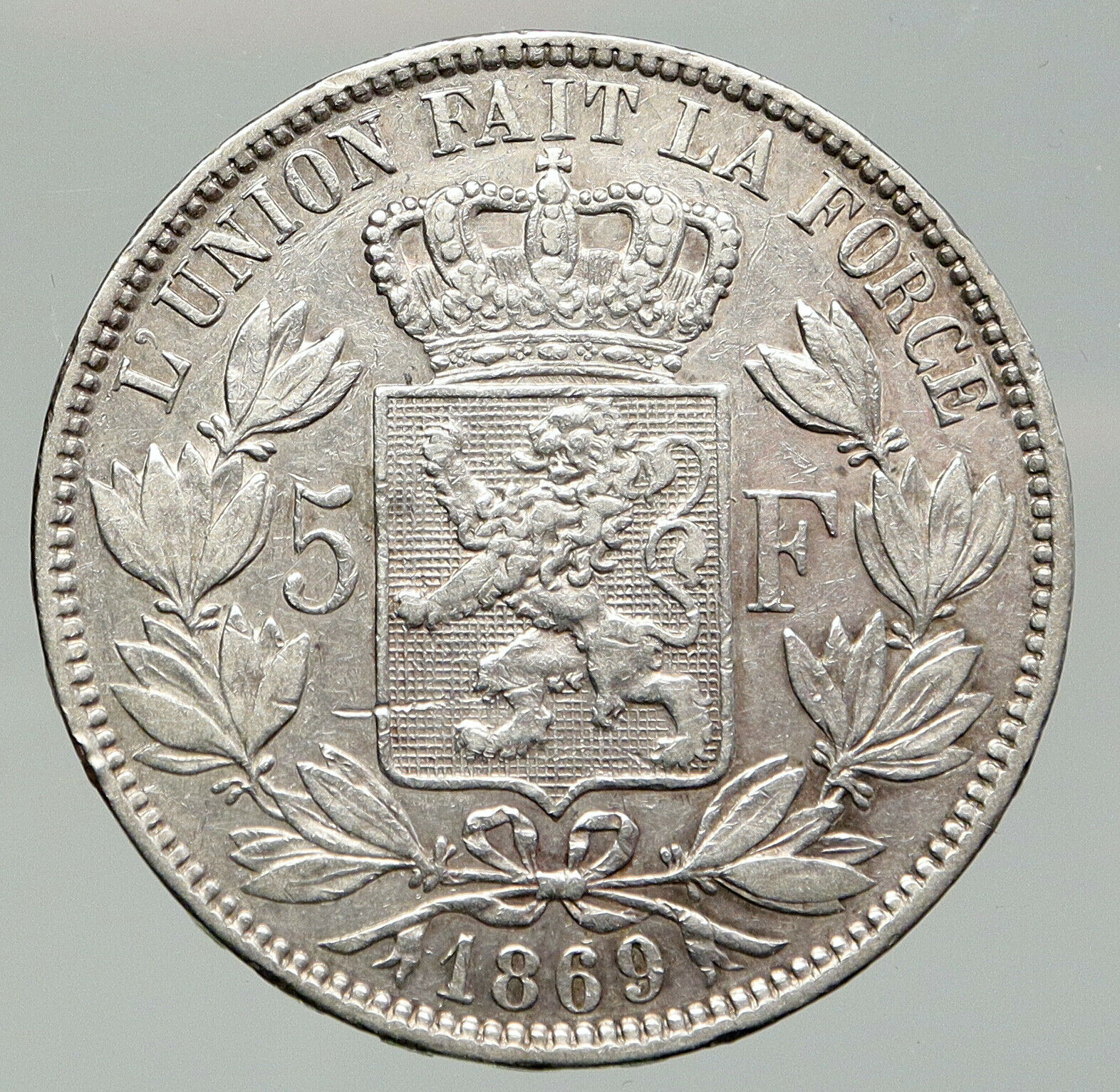 1869 BELGIUM with King LEOPOLD II and LION Antique Silver 5 Francs Coin i91986