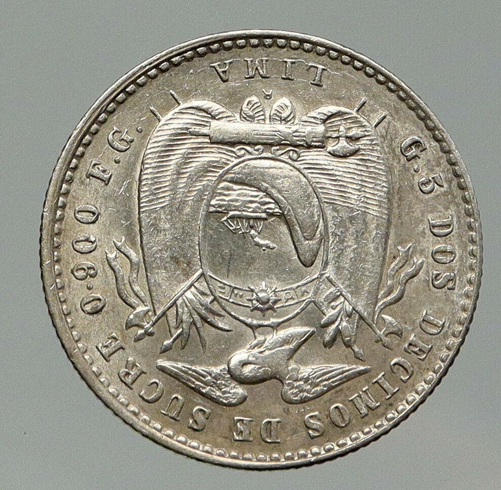 1914 ECUADOR Antonio Jose de Sucre y Alcala VINTAGE Silver 2 Decimos Coin i92014