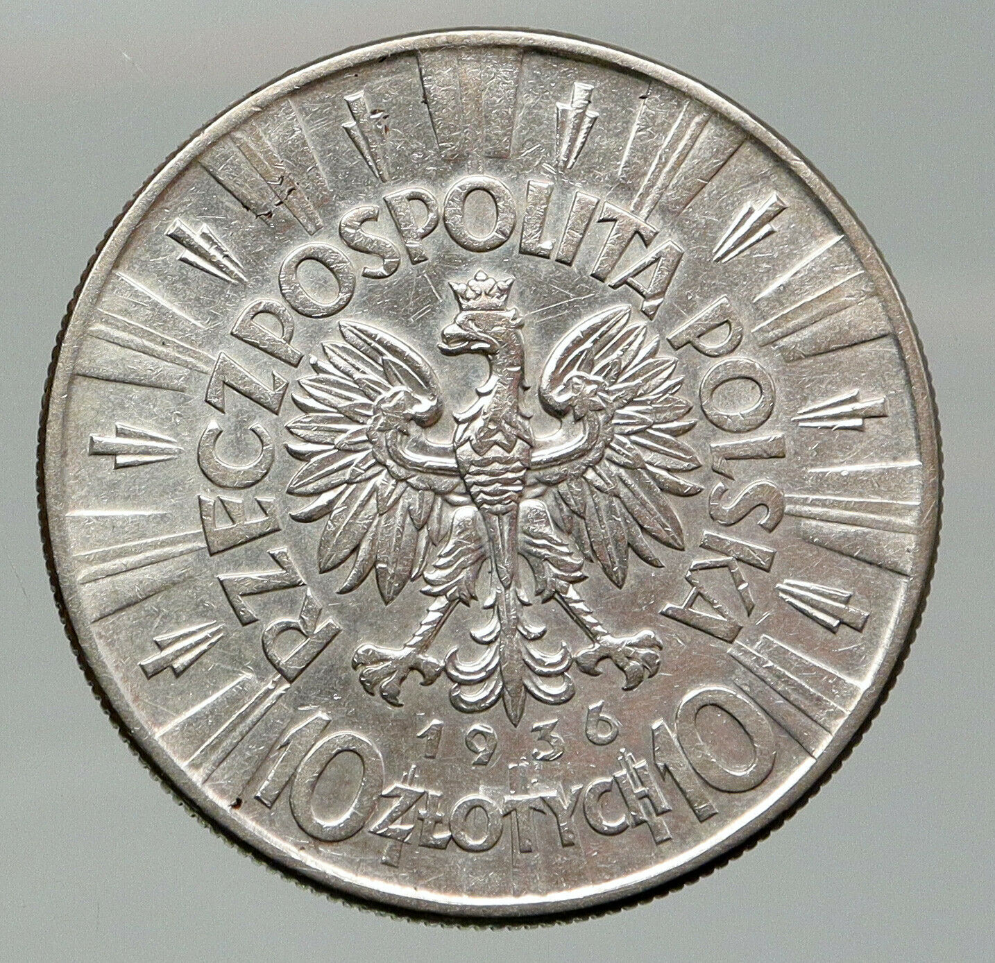 1936 POLAND Silver with Jozef Pilsudski Antique Silver 10 Zlotych Coin i92021