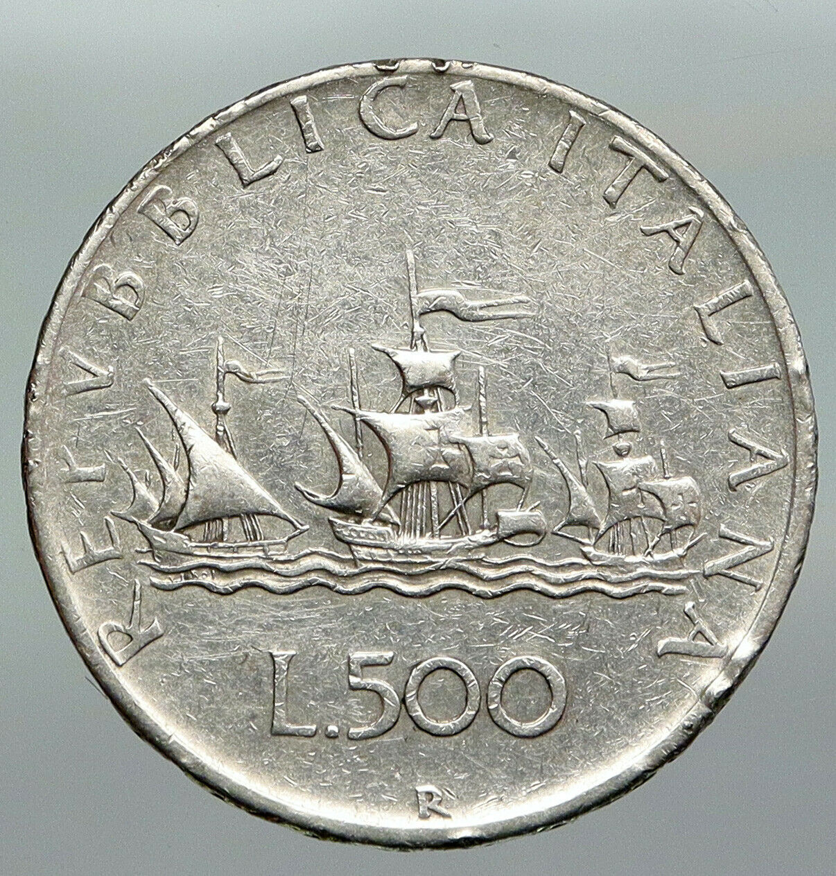 1959 ITALY CHRISTOPHER COLUMBUS Ship DISCOVER America SILVER 500 LRA Coin i92303