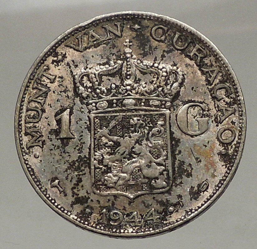 1944 CURACAO Netherlands Kingdom Queen WILHELMINA 1 Gulden Silver Coin i57061