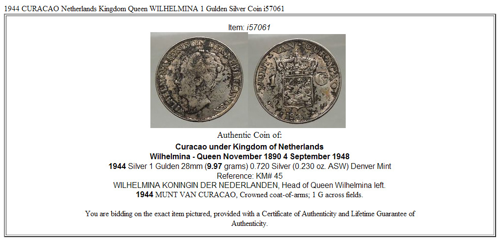 1944 CURACAO Netherlands Kingdom Queen WILHELMINA 1 Gulden Silver Coin i57061