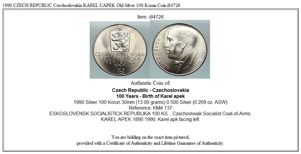 1990 CZECH REPUBLIC Czechoslovakia KAREL CAPEK Old Silver 100 Korun Coin i84726