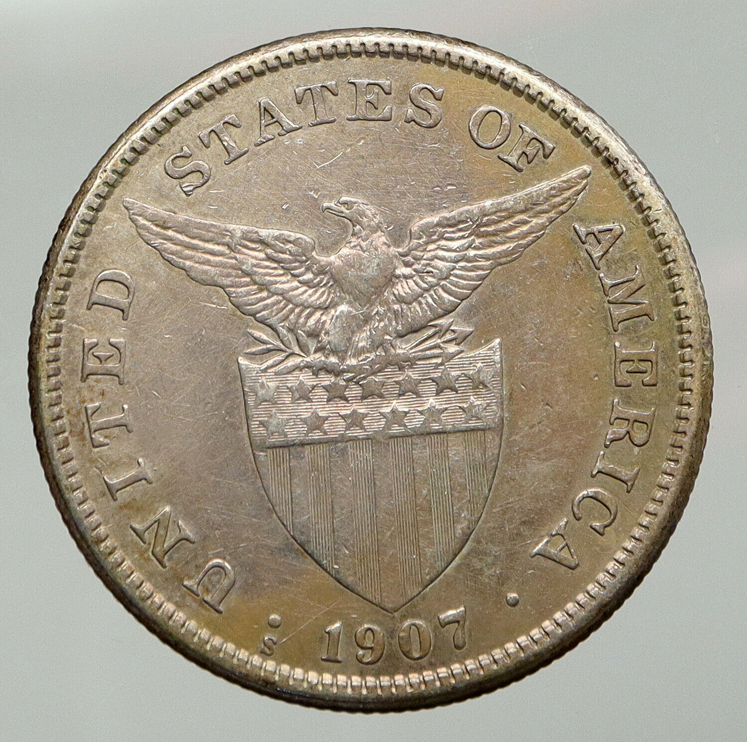 1907 S PHILIPPINES Under US Administration w Eagle OLD Silver PESO Coin i92758