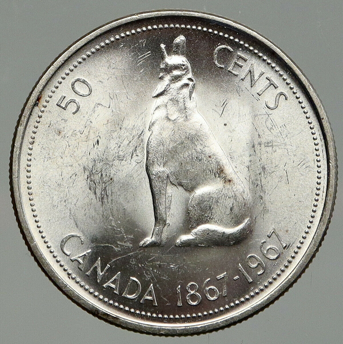 1967 CANADA UK Queen ELIZABETH II Wolf Howls Vintage Silver 50 Cents Coin i92527