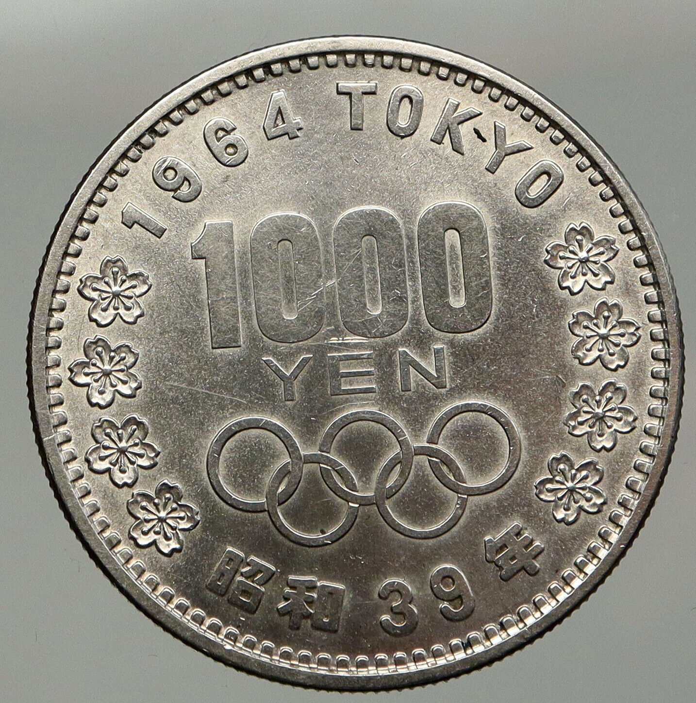 1964 JAPAN Tokyo Summer Olympic Games CHERRY MT FUJI Silver 1000Y Coin i92516