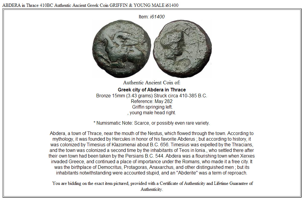 ABDERA in Thrace 410BC Authentic Ancient Greek Coin GRIFFIN & YOUNG MALE i61400