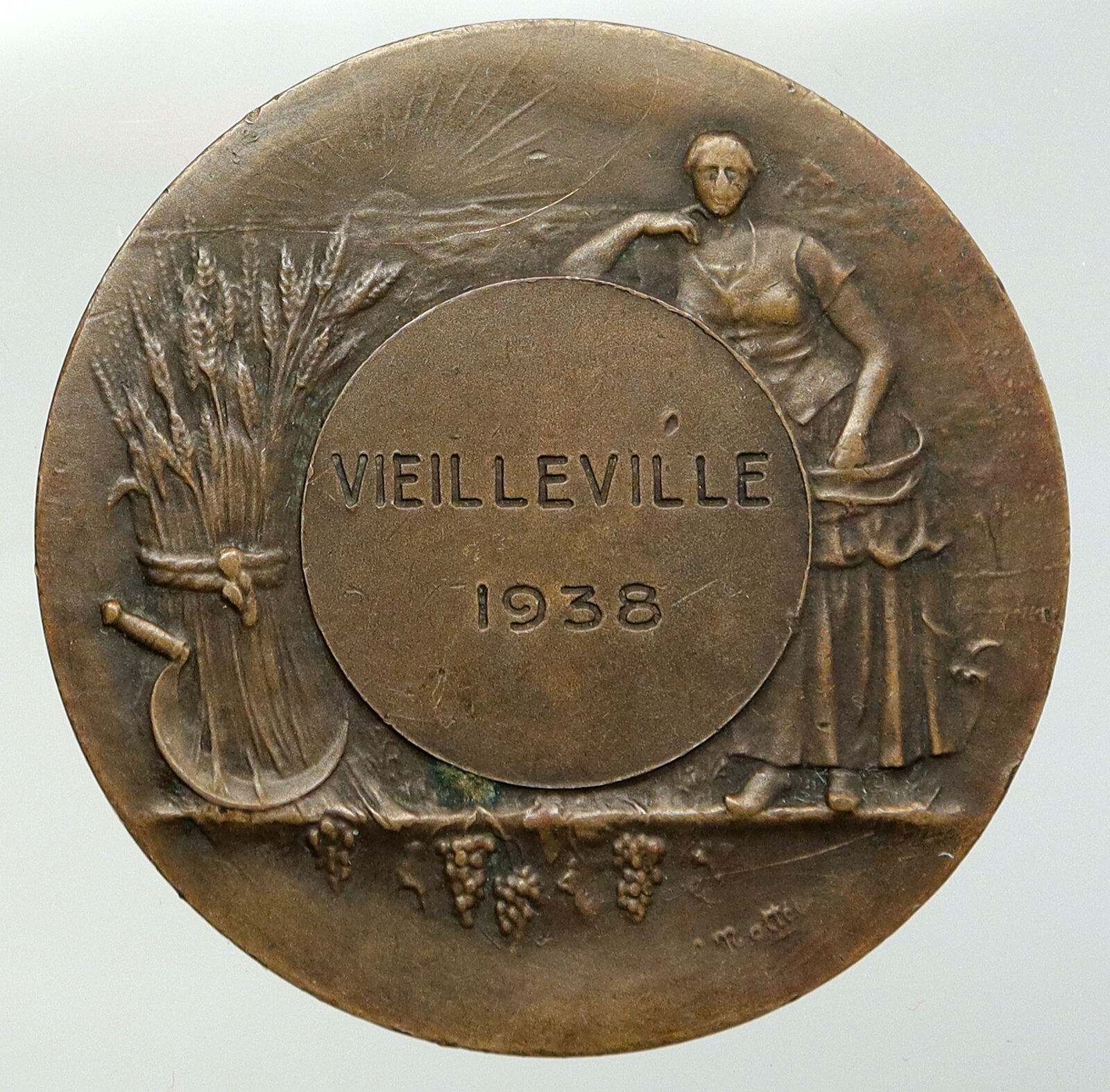 1938 FRANCE Agriculture VIEILLEVILLE Vintage OXEN PLOWING FRENCH Medal i92788