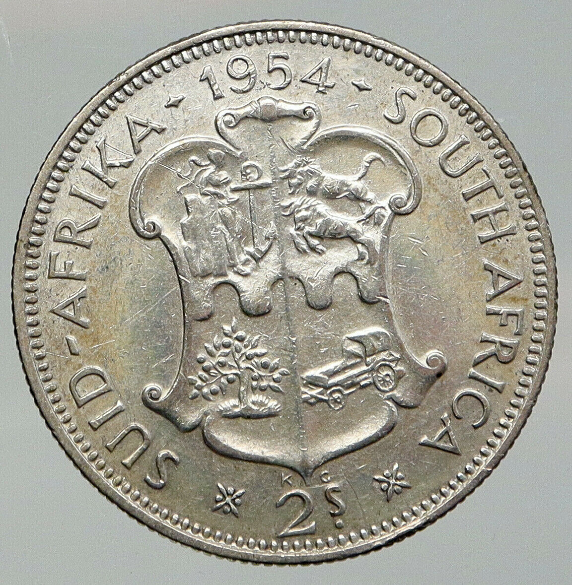 1954 SOUTH AFRICA Queen Elizabeth II Antique OLD Silver 2 Shilling Coin i92690