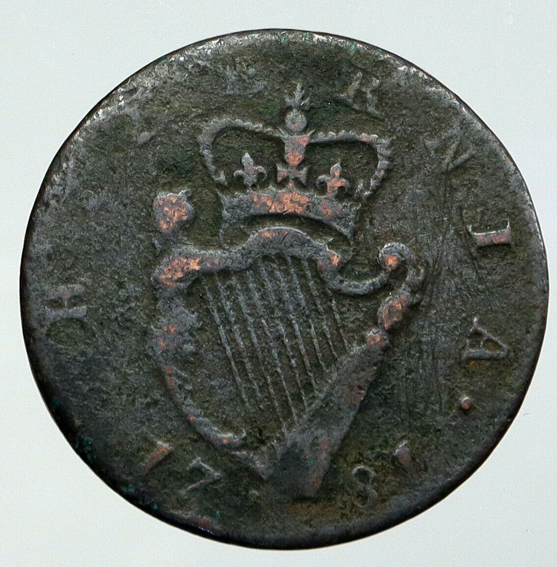 1781 IRELAND UK King George III Antique Lyre VINTAGE OLD 1/2 Penny Coin i92763