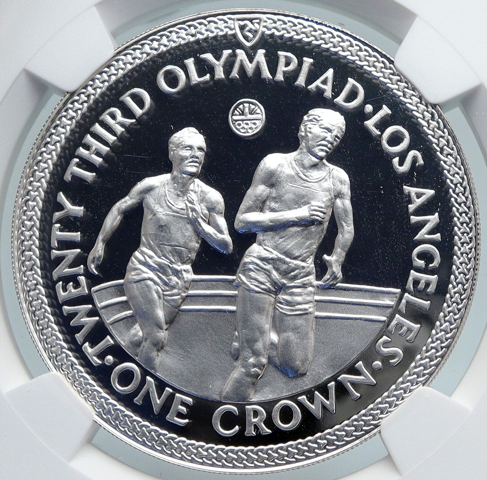 1984 ISLE of MAN Queen E2 US Los Angeles Olympic PF Silver Crown Coin NGC i89350