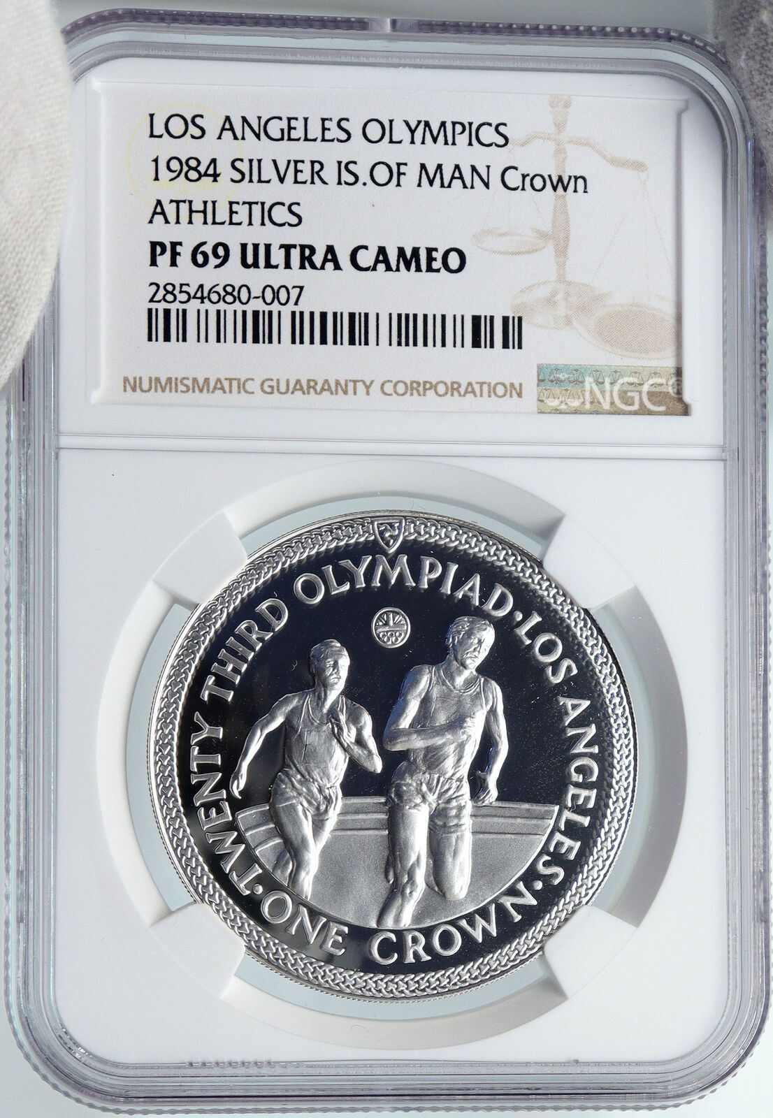 1984 ISLE of MAN Queen E2 US Los Angeles Olympic PF Silver Crown Coin NGC i89350