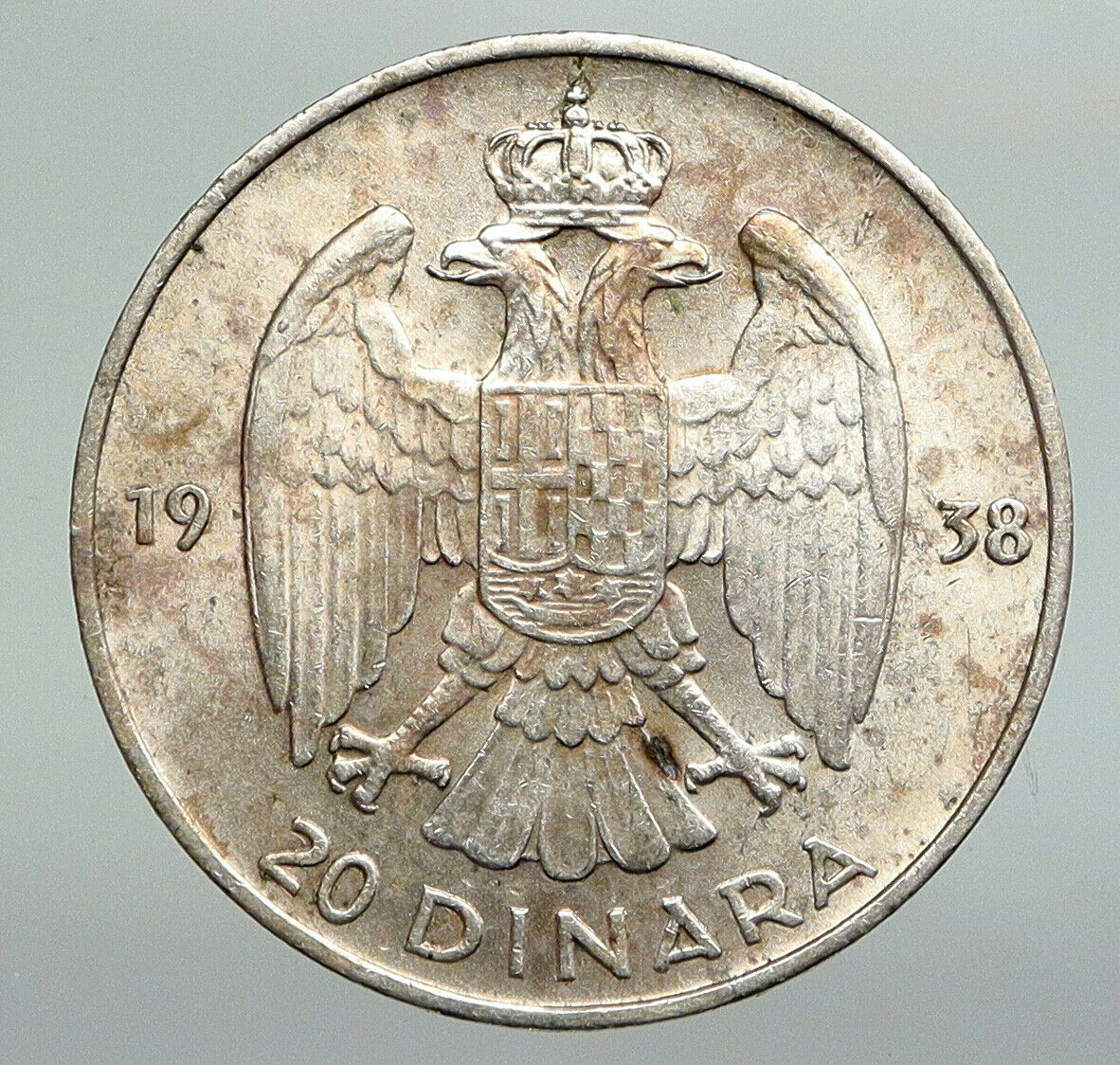 1938 YUGOSLAVIA King Peter II Eagle Antique VINTAGE Silver 20 Dinara Coin i92236