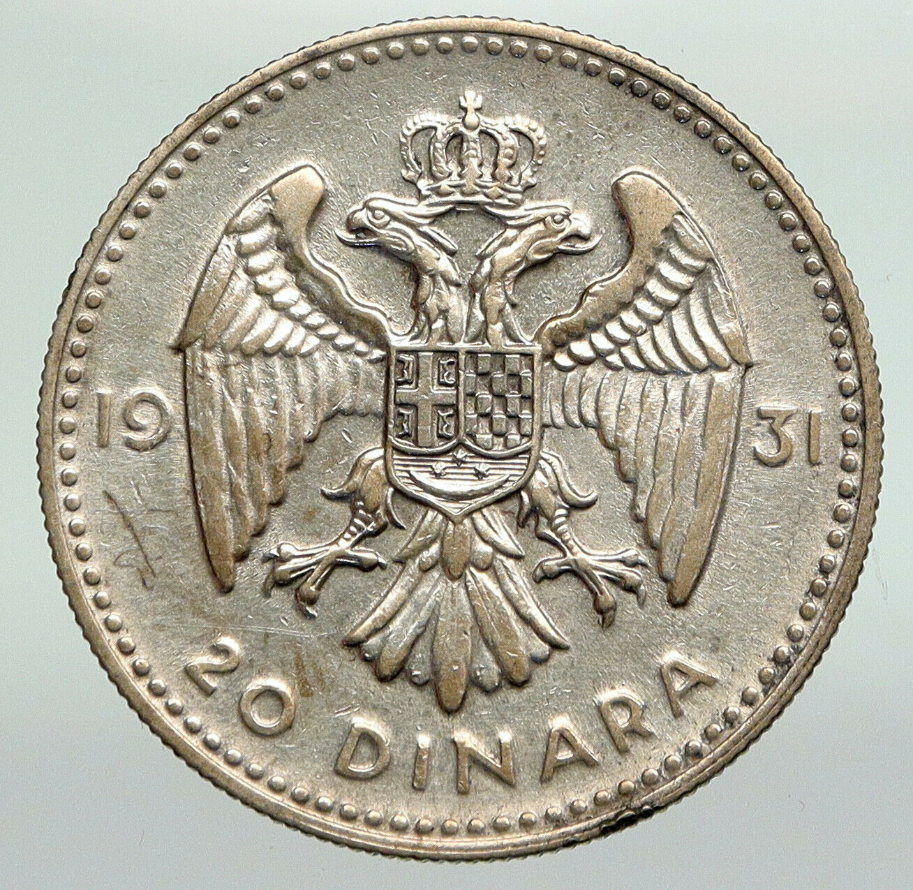 1931 YUGOSLAVIA King Peter II w Eagle Antique OLD Silver 20 Dinara Coin i92238