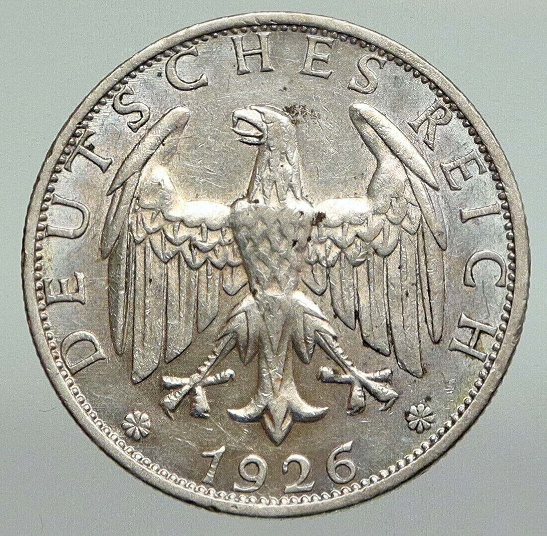 1926 A GERMANY Weimar Republic EAGLE Antique Silver 2 Mark German Coin i92245