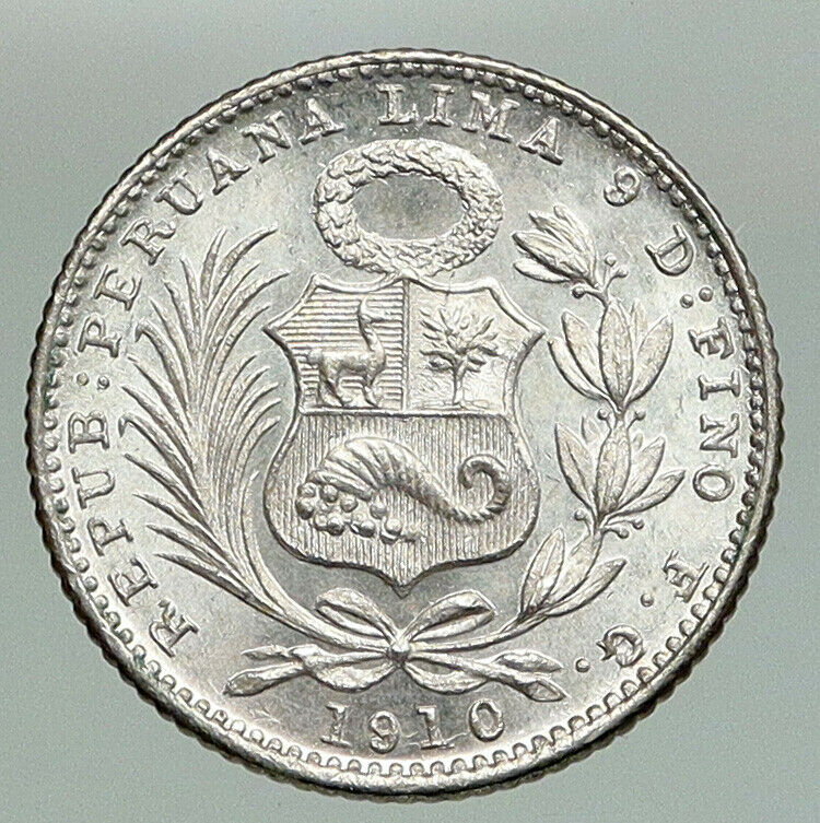 1906 FG PERU South America VINTAGE ANTIQUE OLD Liberty Silver Dinero Coin i92254